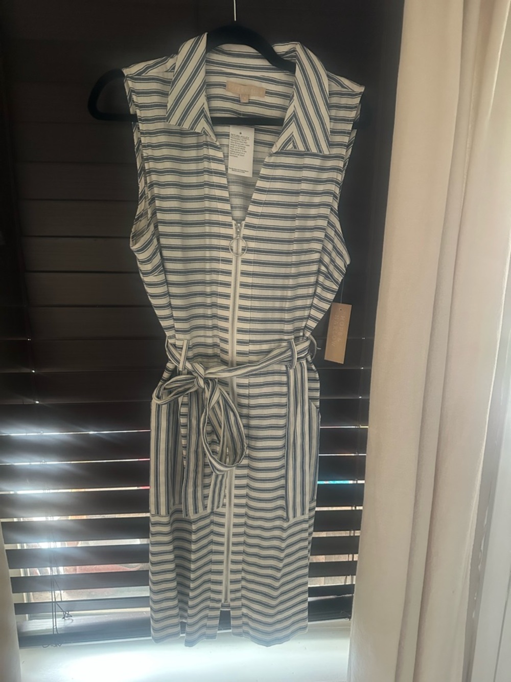 Sleeveless Striped Zip-Front Midi Dress with Tie Belt - White & Navy